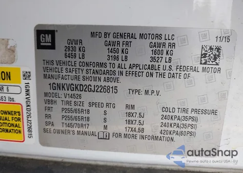 2016 Chevrolet Traverse 1Lt из США, поврежденный, VIN 1GNKVGKD2GJ226815